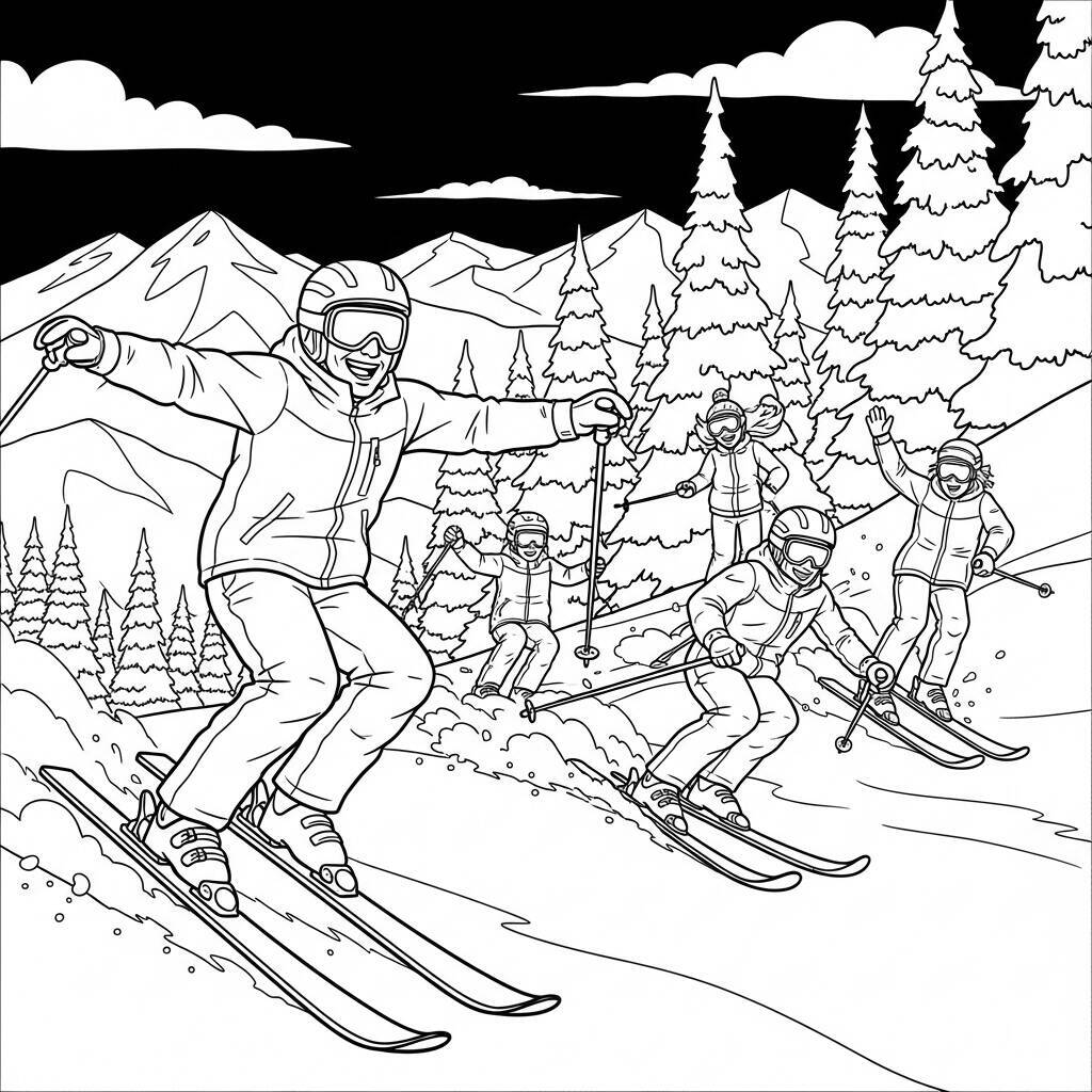 Malvorlage Skifahrer mit Freunden