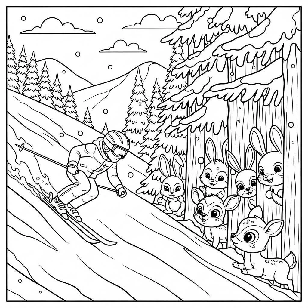 Desenho-de-Esquiador-com-Animais-para-Colorir Desenho de Esquiador com Animais para Colorir