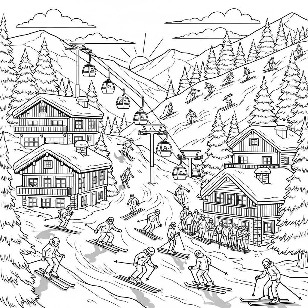 Desenho de Estação de Esqui para Colorir