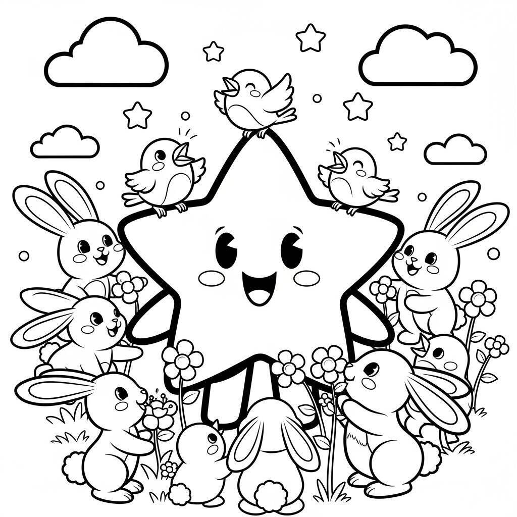 Desenho de Estrela com Animais para Colorir