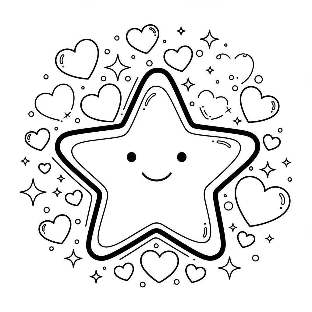 Desenho de Estrela com Corações para Colorir