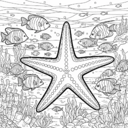 Desenho de Estrela do Mar com Peixes para Colorir