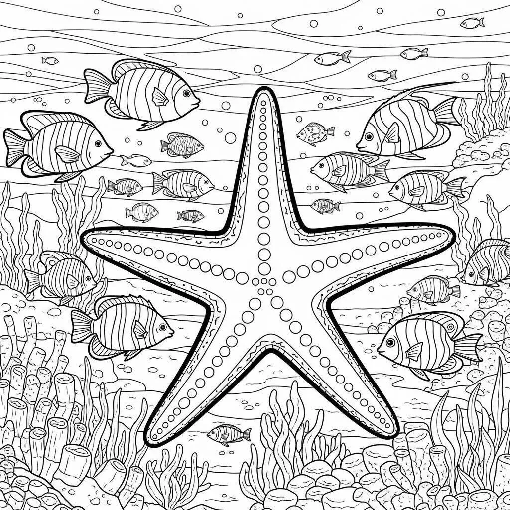 Desenho-de-Estrela-do-Mar-com-Peixes-para-Colorir Desenho de Estrela do Mar com Peixes para Colorir