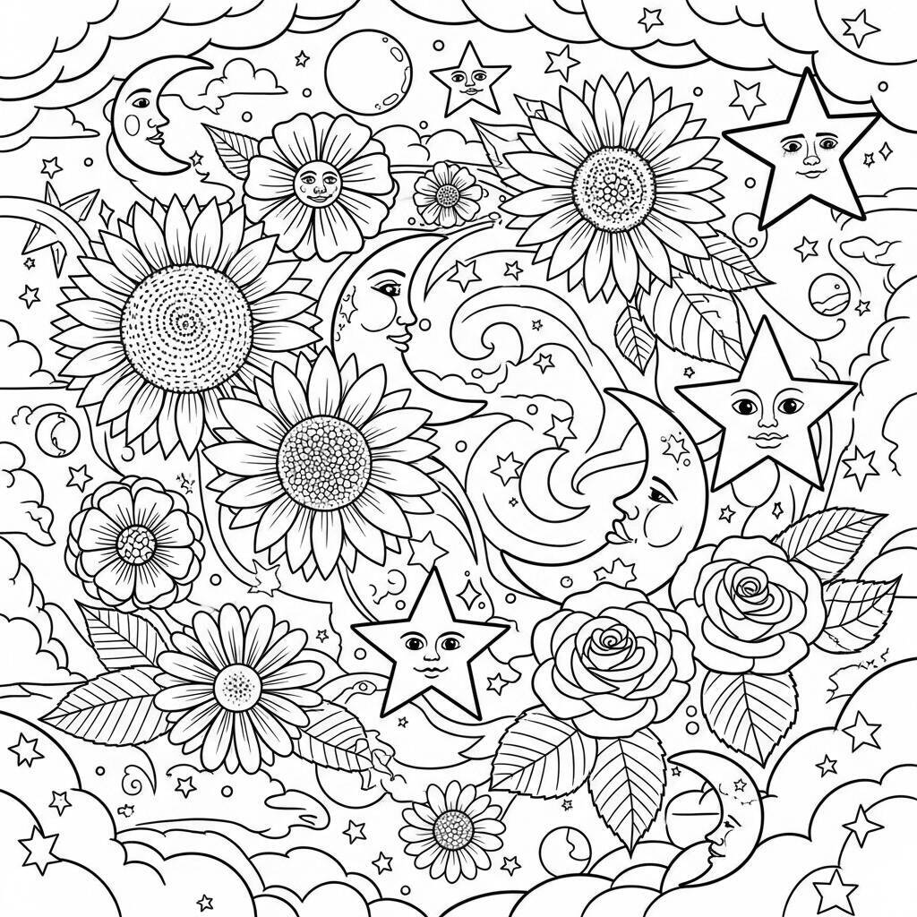 Desenho de Estrelas e Flores para Colorir