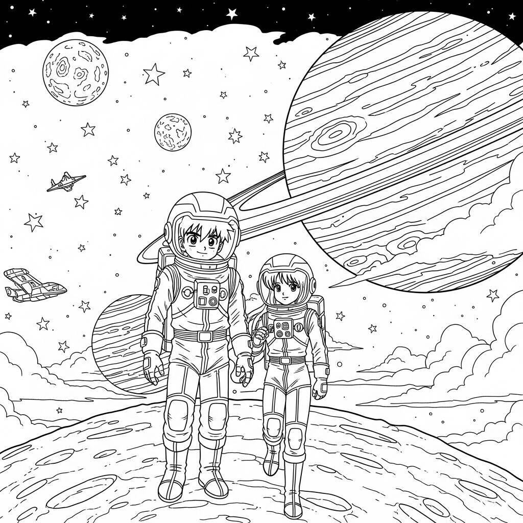 Desenho de Estrelas e Planetários Anime para Colorir