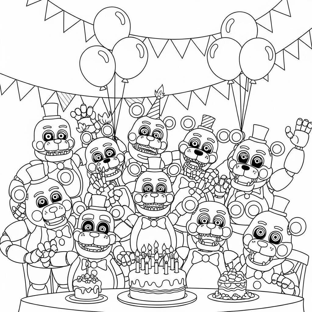 Desenho de FNAF animatronics em festa para colorir