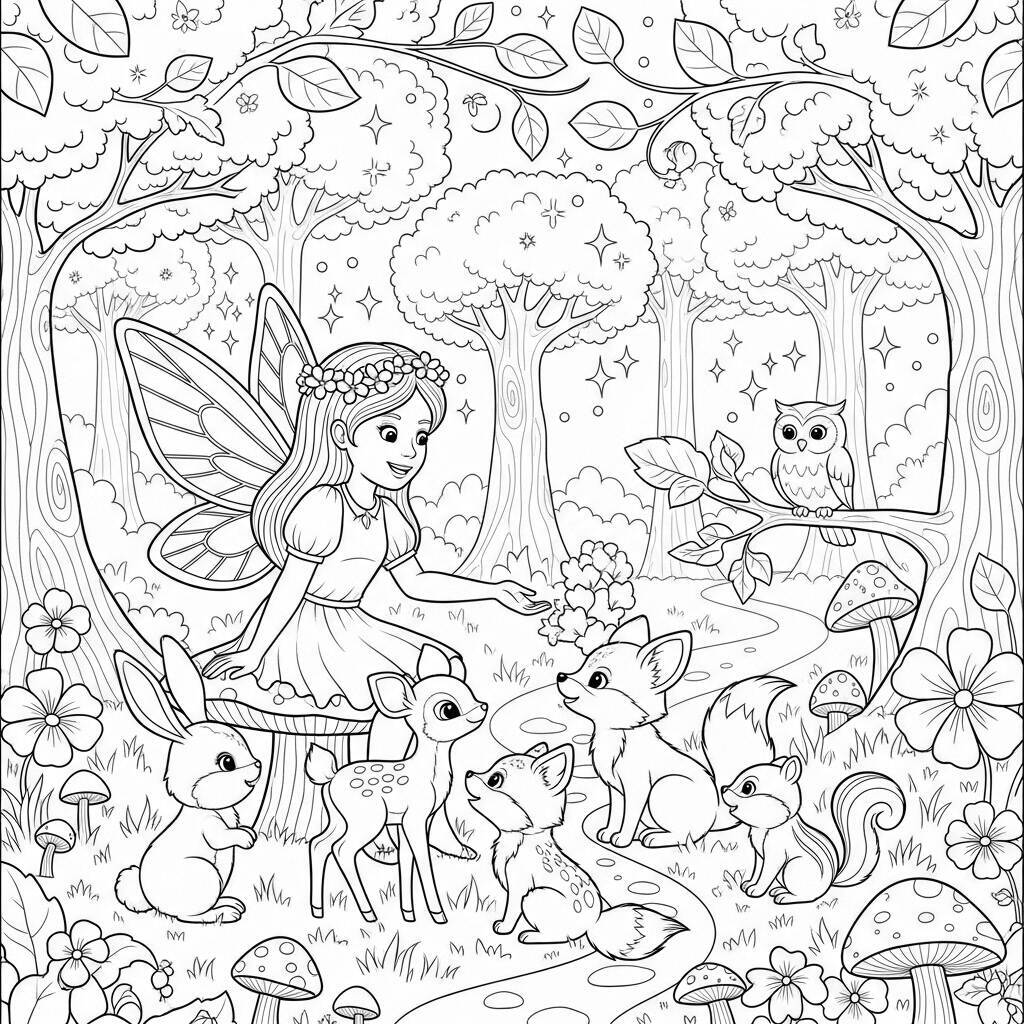 Desenho de Fada com Animais para Colorir