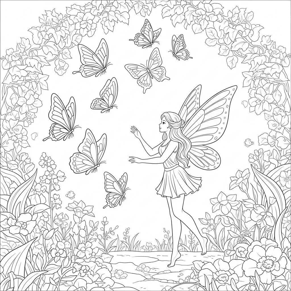Desenho de Fada com Borboletas para Colorir