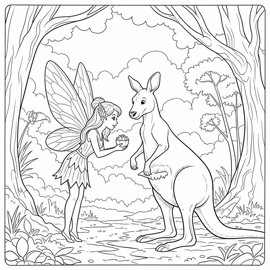 Desenho de Fada com Canguru para Colorir
