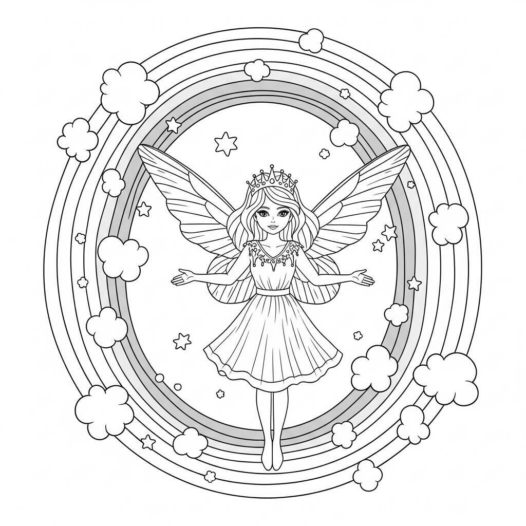 Desenho de Fada com Cores do Arco-íris para Colorir