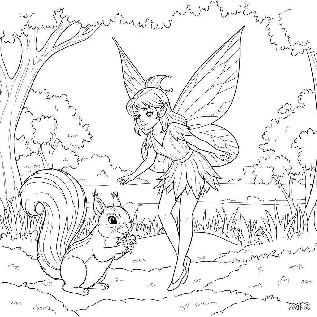 Desenho de Fada com Esquilo para Colorir