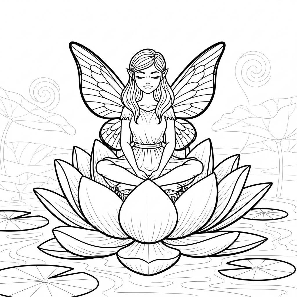 Desenho de Fada com Flor de Lótus para Colorir