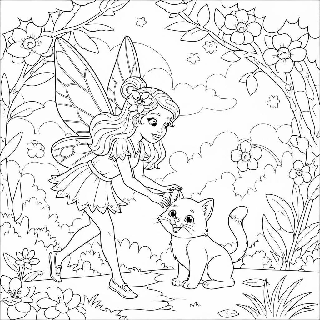 Desenho de Fada com Gato para Colorir