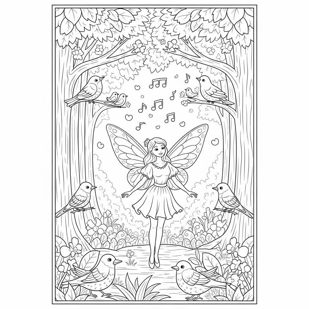 Desenho de Fada com Pássaros para Colorir