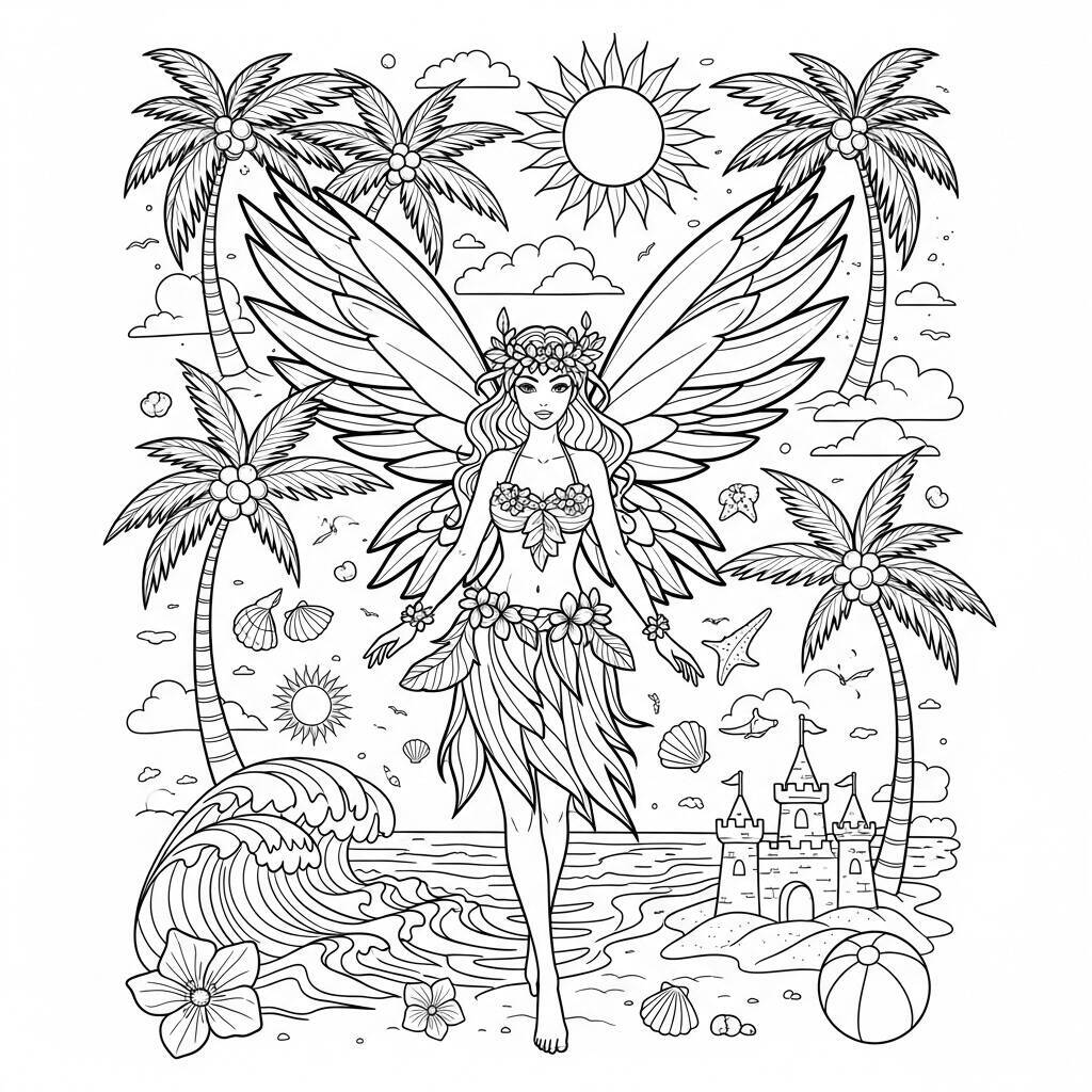 Desenho de Fada de Verão Tropical para Colorir