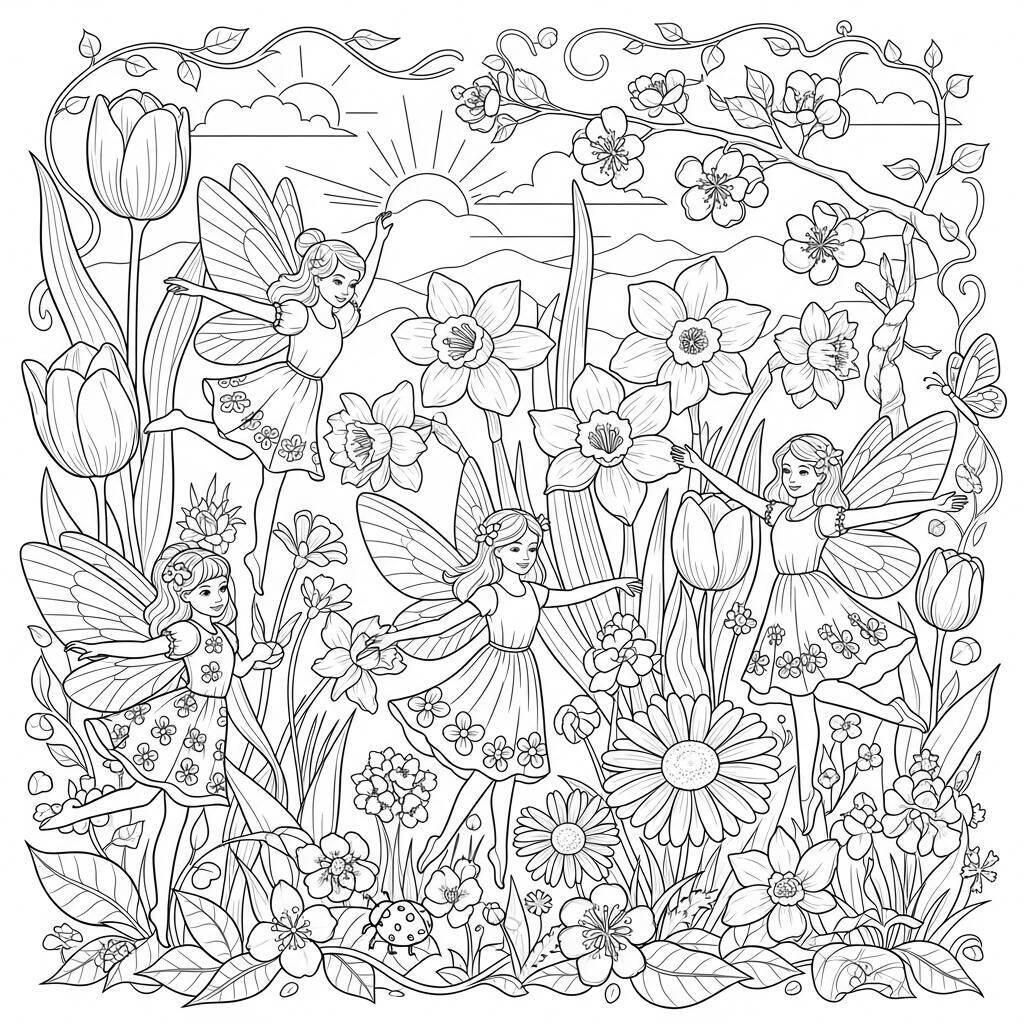 Desenho de Fadas da Primavera para Colorir