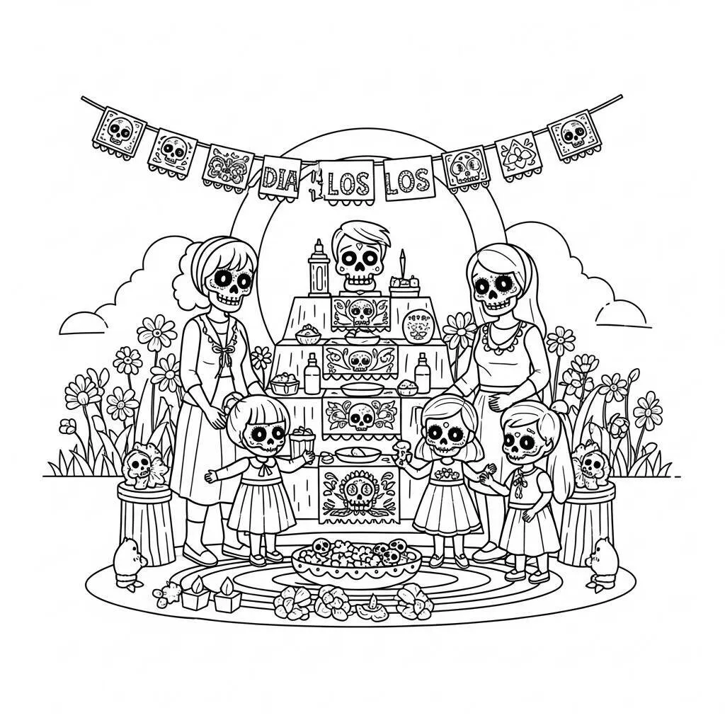 Desenho de Família Celebrando Dia dos Mortos para Colorir