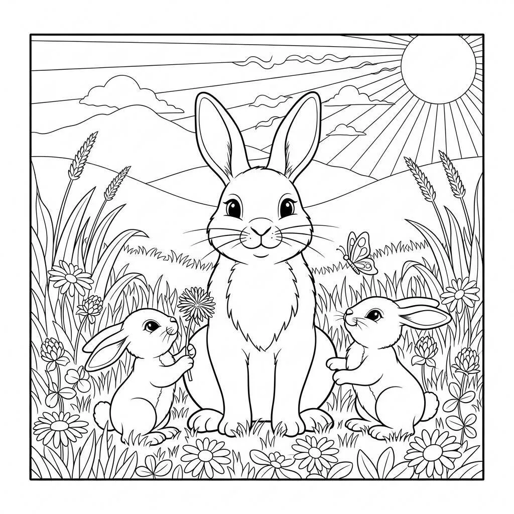 Desenho de Família de Coelhos para Colorir