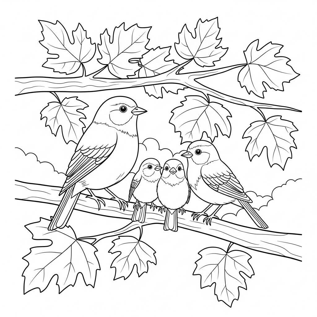 Coloriage Famille d'oiseaux en automne