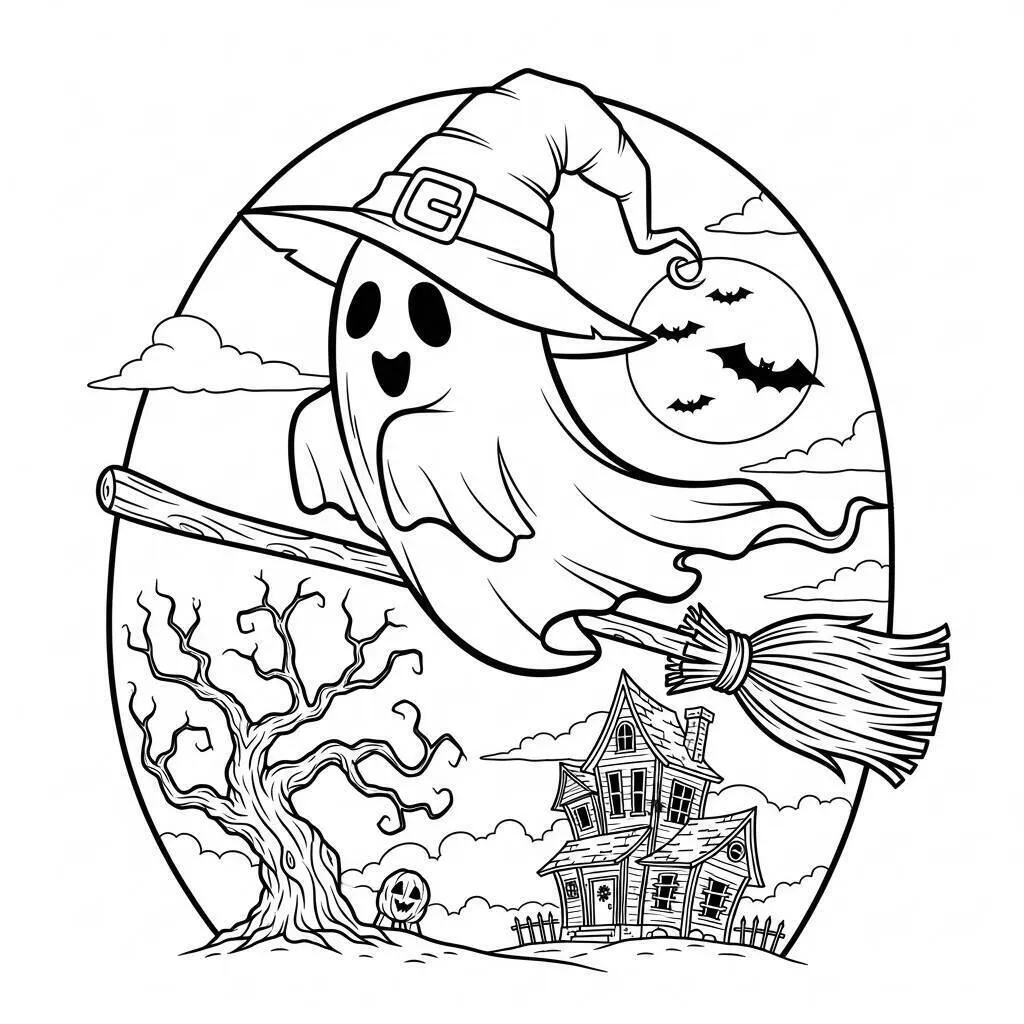 Desenho de Fantasma com Chapéu de Bruxa para Colorir