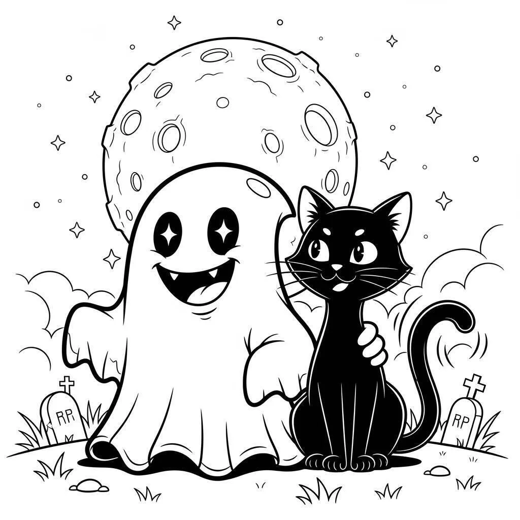 Desenho de Fantasma e Gato Preto para Colorir