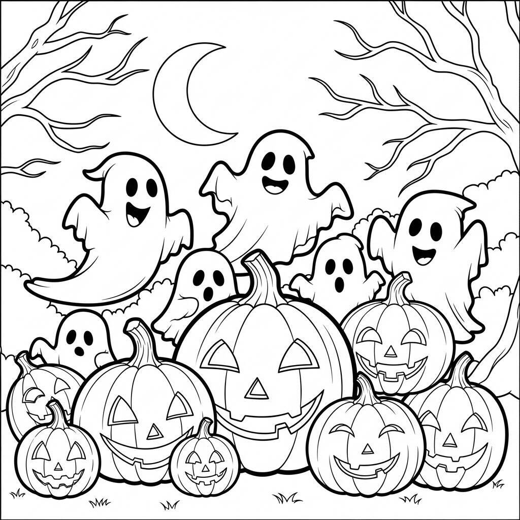 Desenho de Fantasmas e Abóboras para Colorir