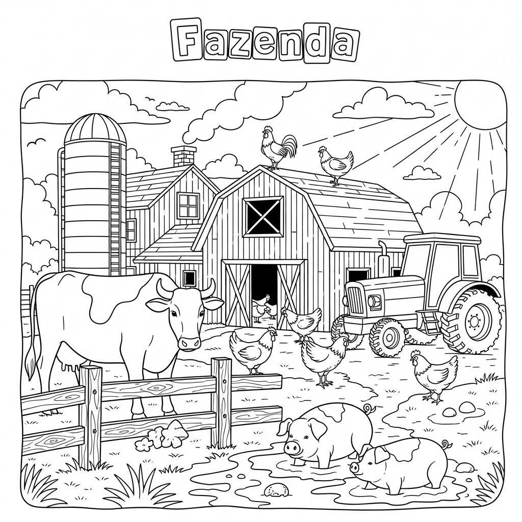 Desenho de Fazenda com Animais para Colorir