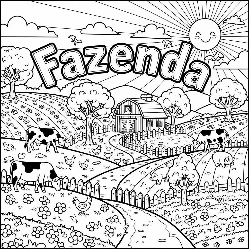 Desenho de Fazenda com Campos Floridos para Colorir