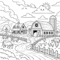 Desenho de Fazenda com Casa e Animais para Colorir