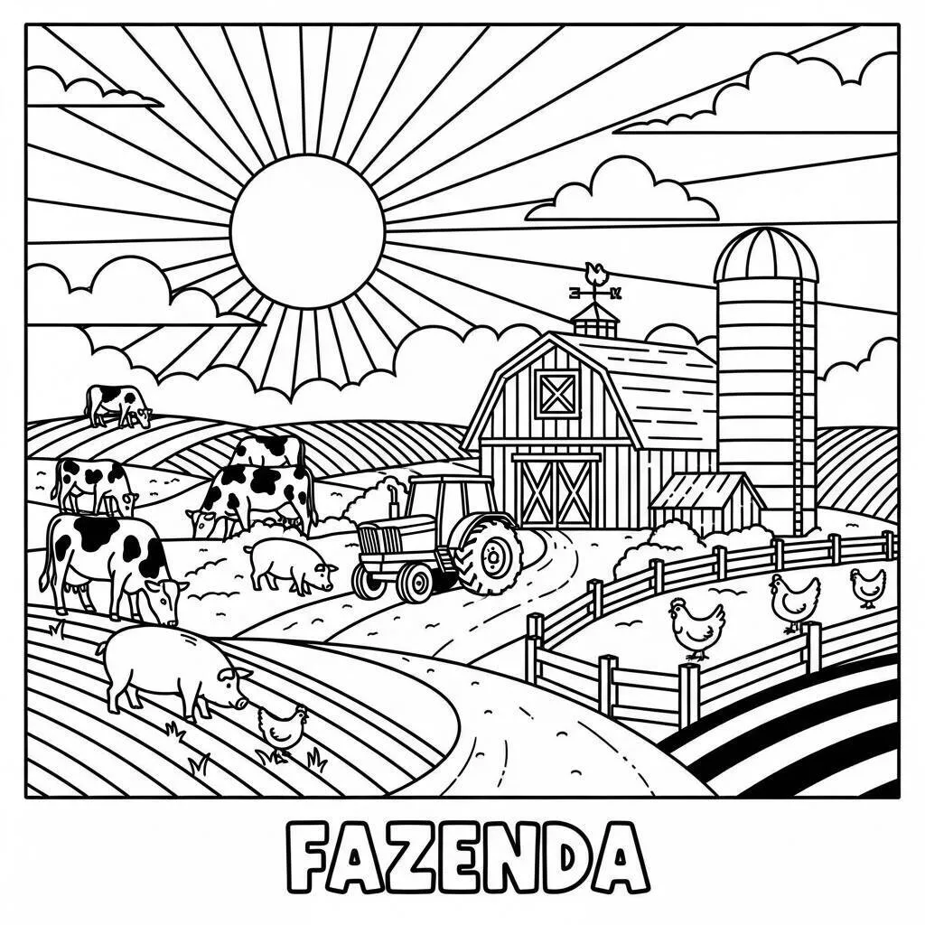 Desenho de Fazenda em um Dia de Sol para Colorir