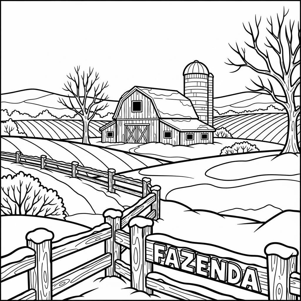 Desenho de Fazenda no Inverno para Colorir