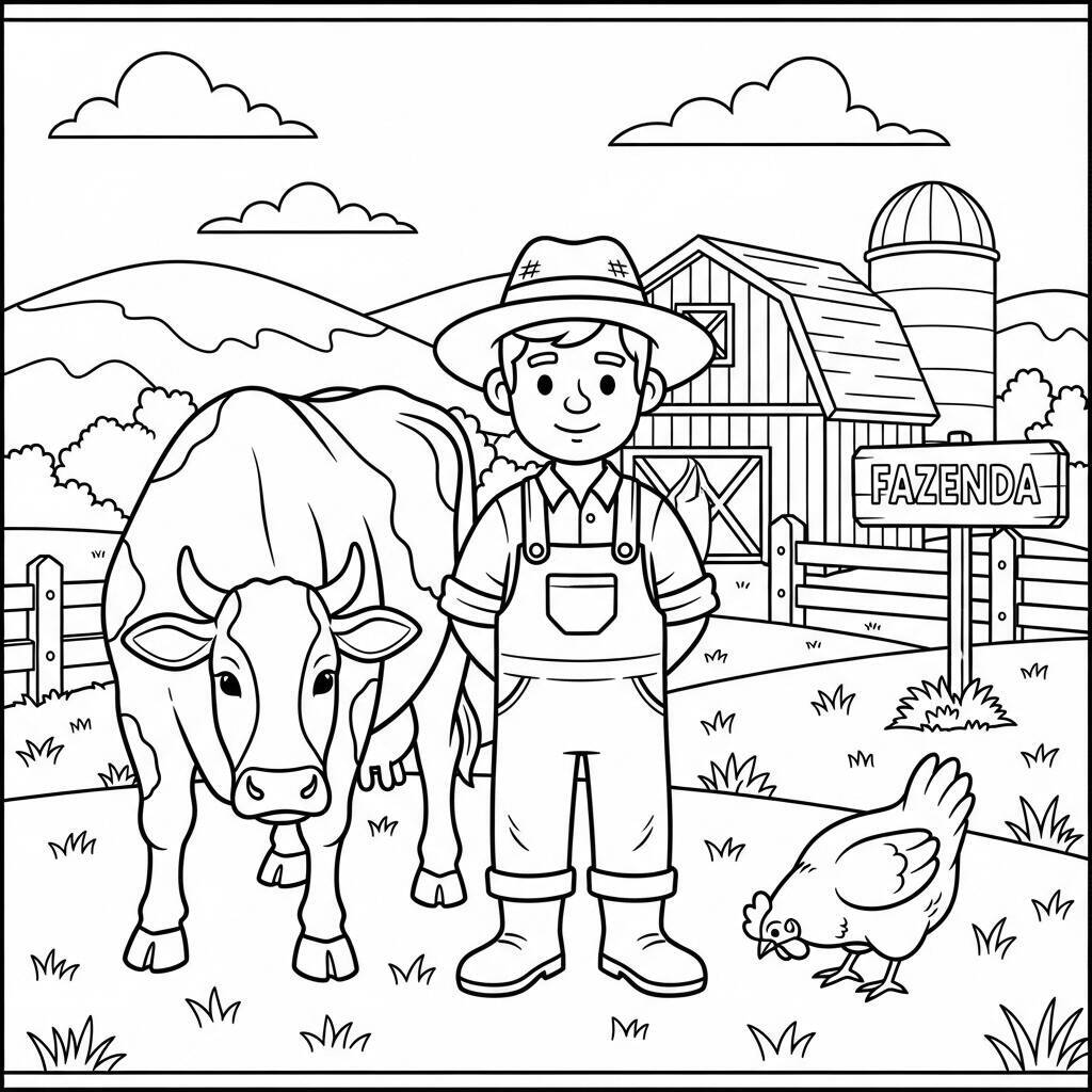 Desenho de Fazendeiro com Animais para Colorir