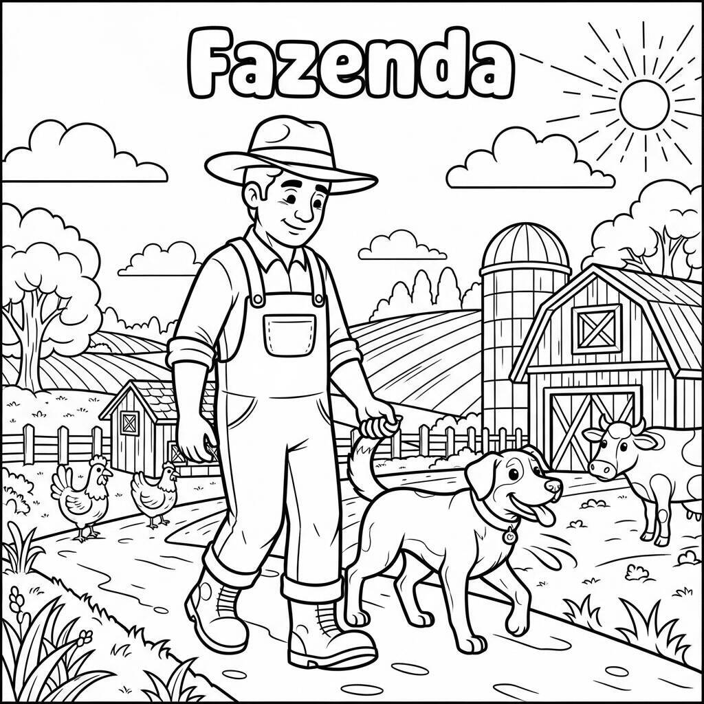 Desenho de Fazendeiro e Seu Cão para Colorir