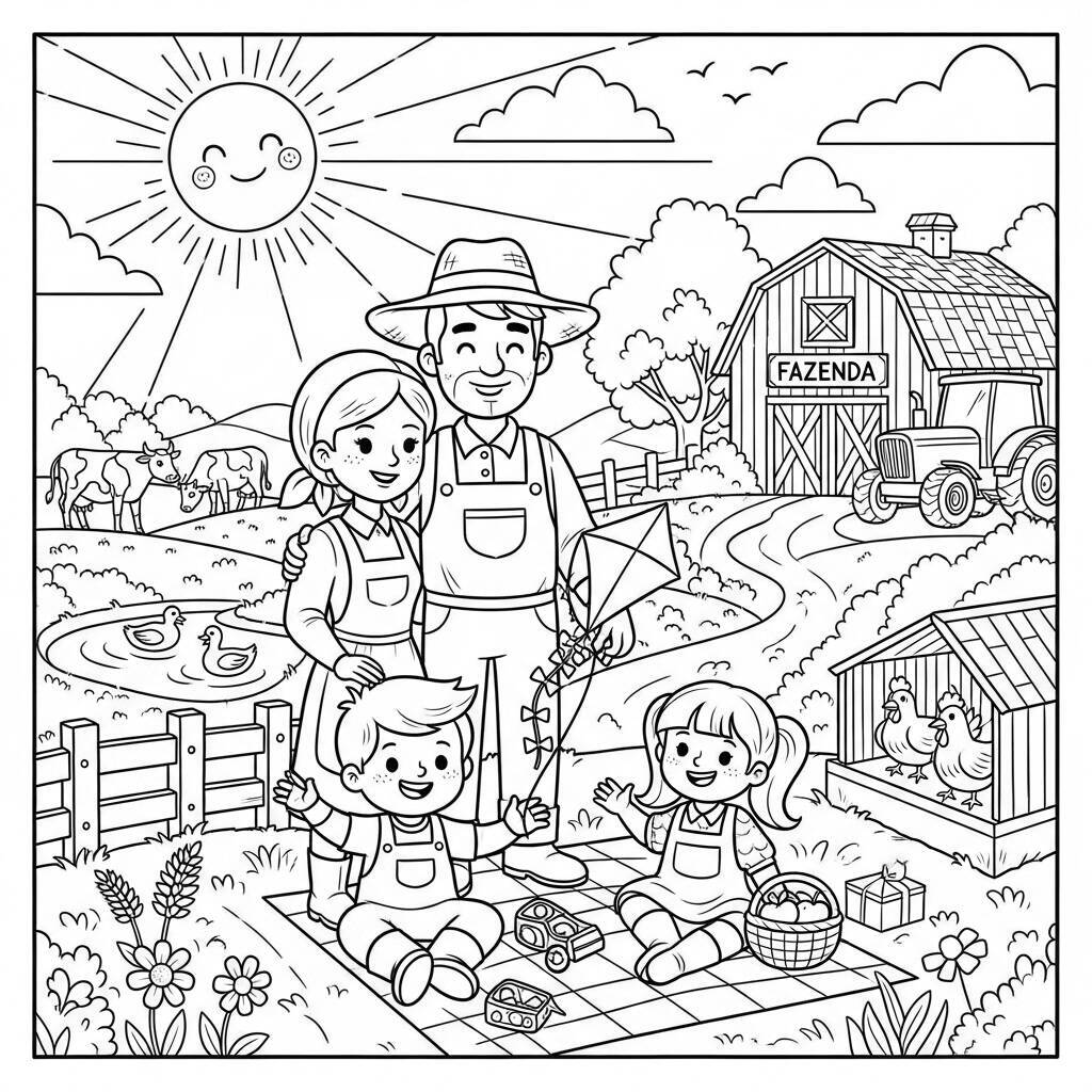 Desenho de Fazendeiro e Sua Família para Colorir