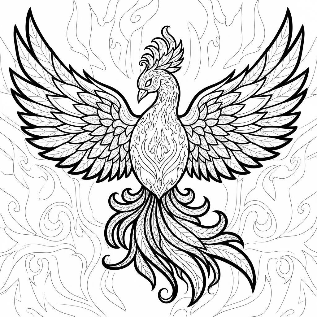 Desenho de Fênix com Cores do Fogo para Colorir