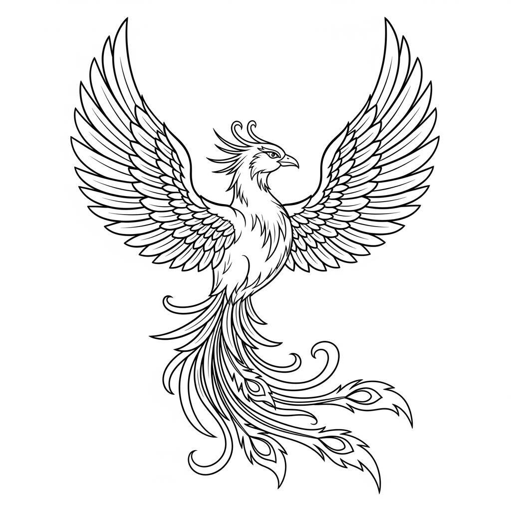 Desenho de Fênix com Estilo Elegante para Colorir