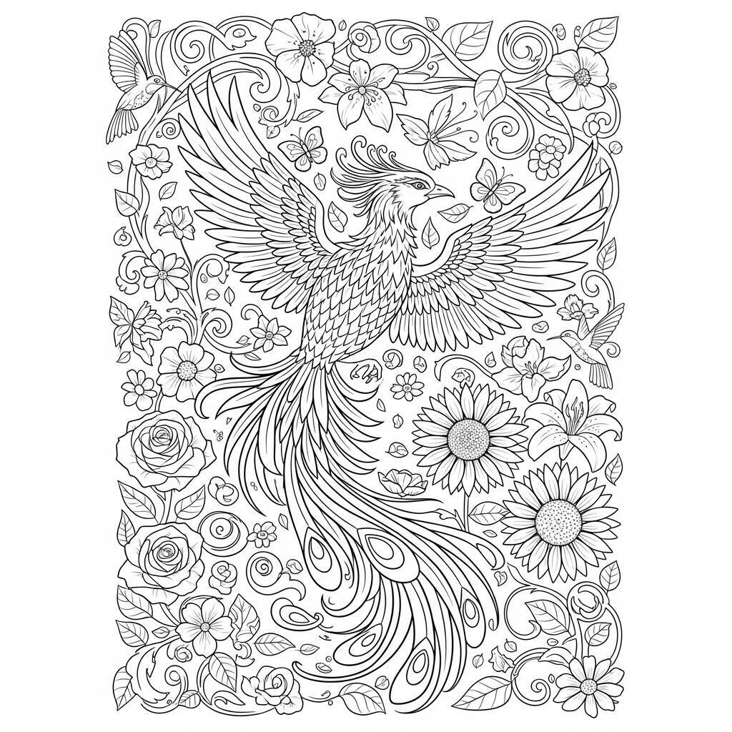 Desenho de Fênix com Flores para Colorir