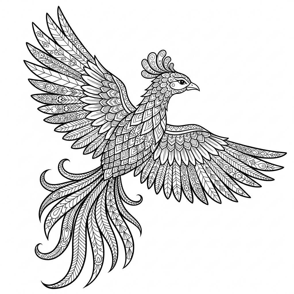 Desenho de Fênix com Penas Detalhadas para Colorir