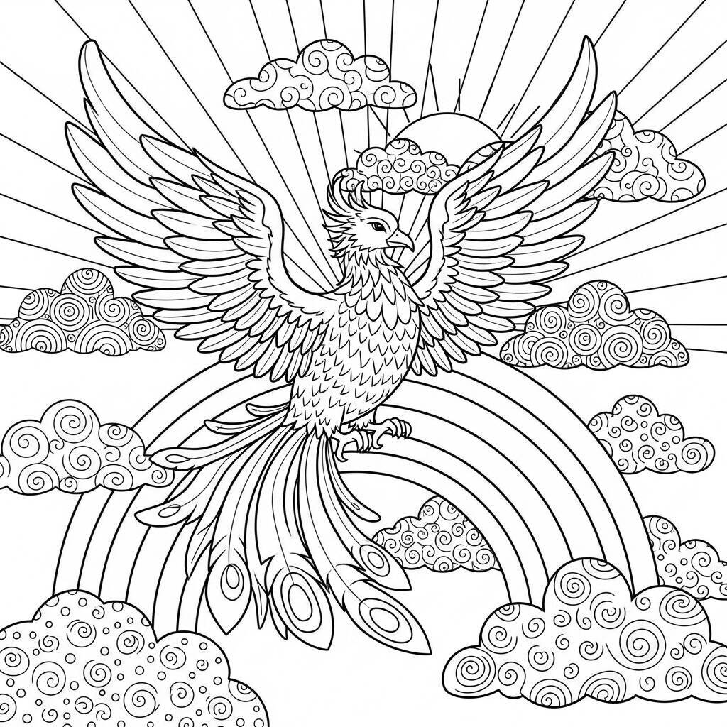 Desenho de Fênix e Arco-Íris para Colorir