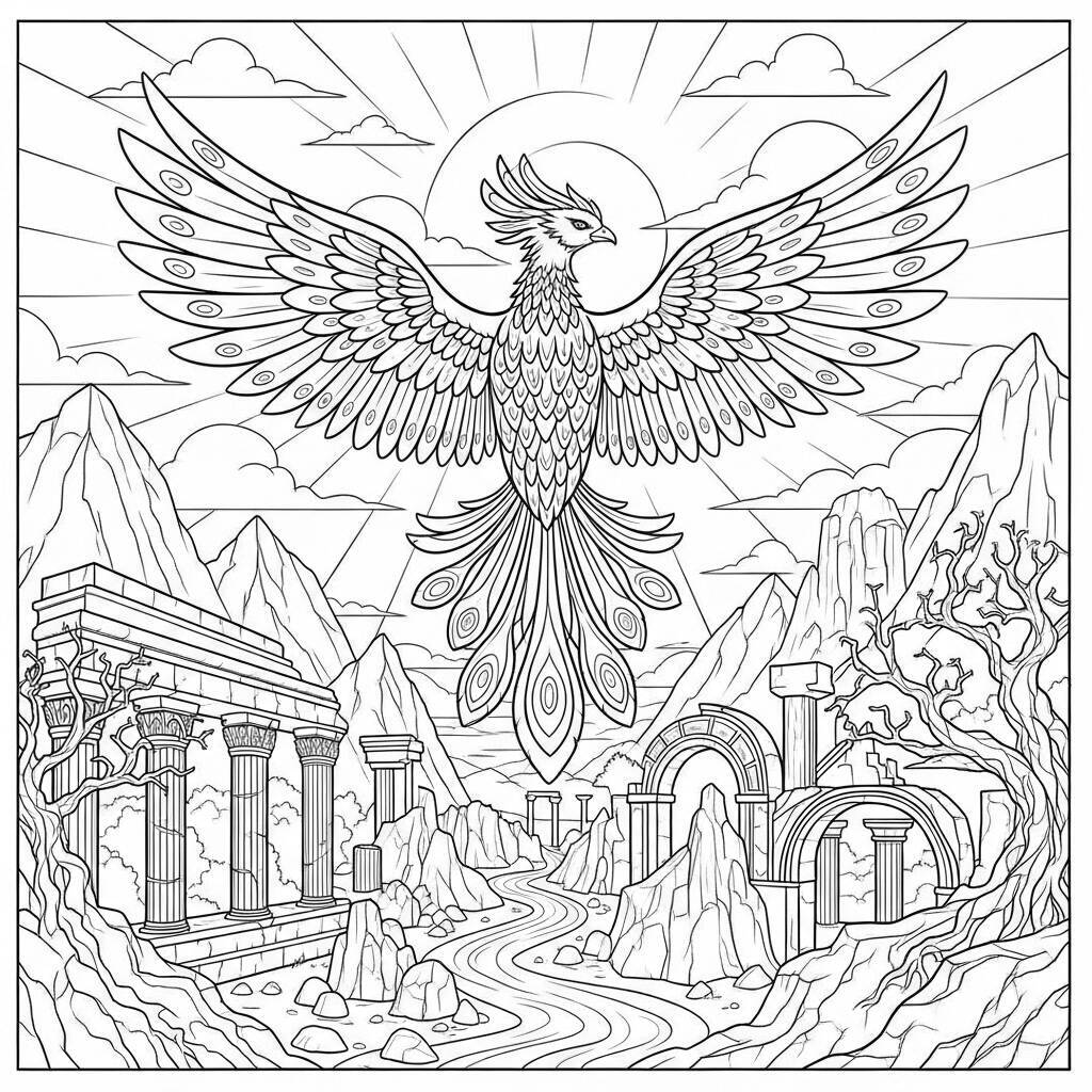 Desenho de Fênix e Cidades Antigas para Colorir
