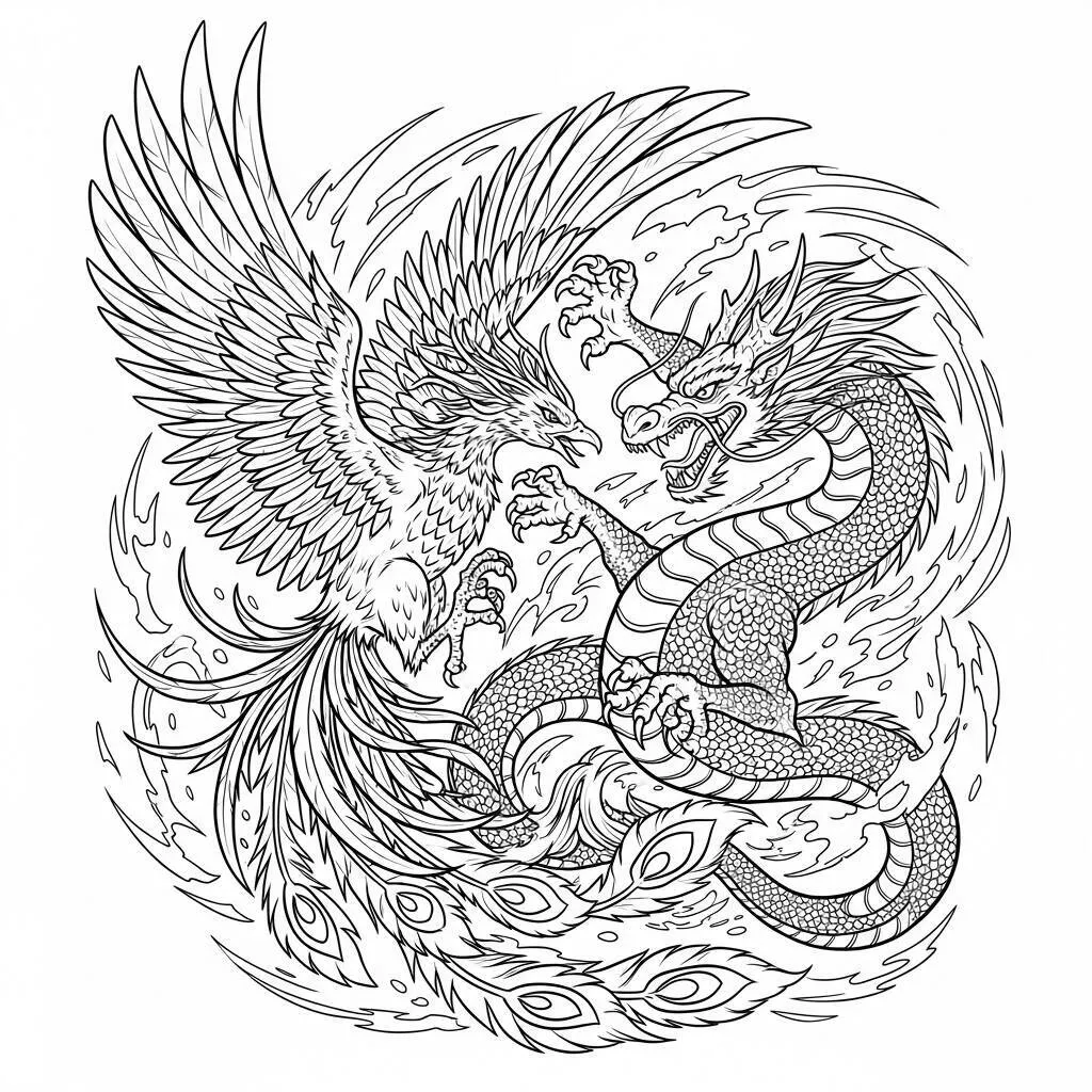 Desenho de Fênix e Dragão para Colorir
