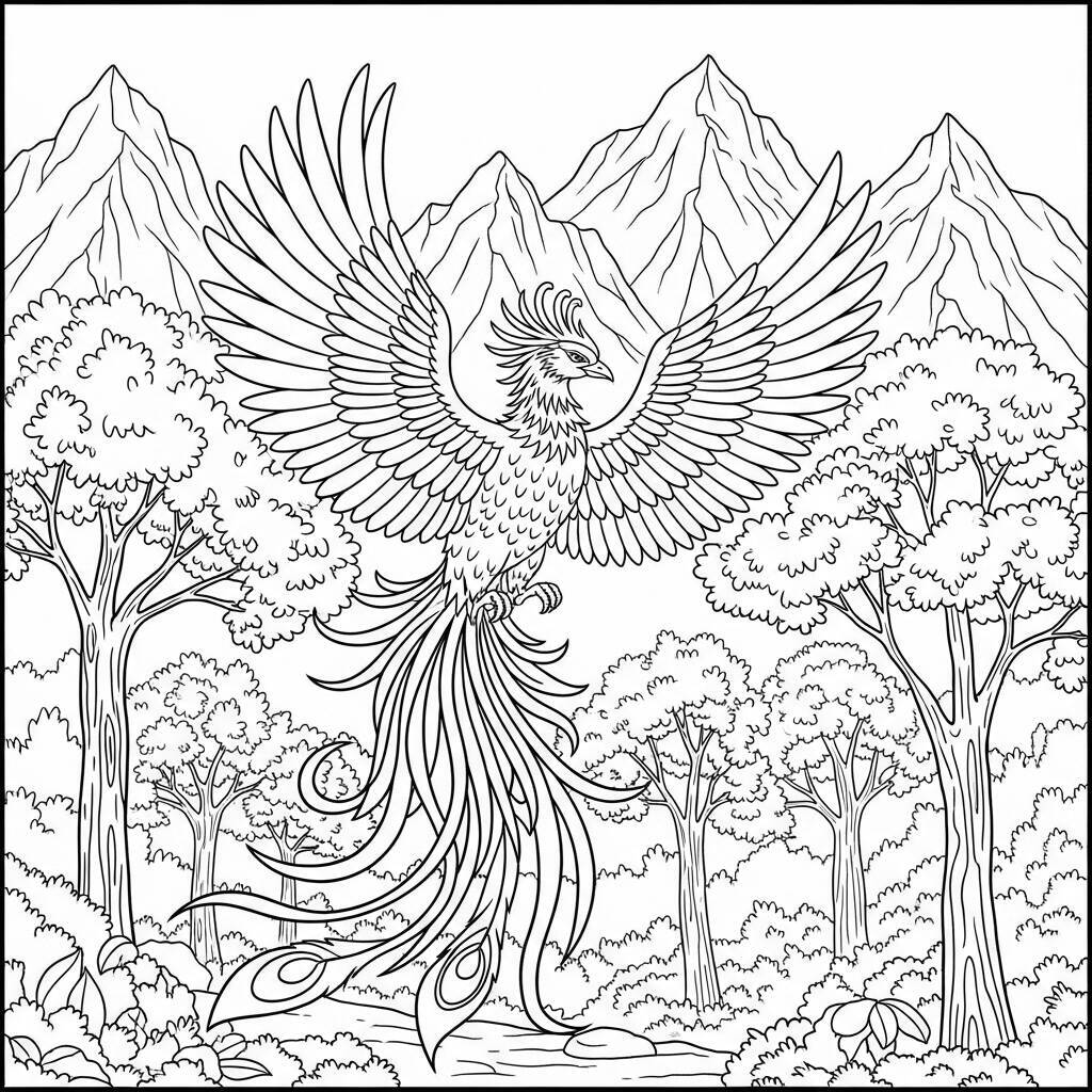 Desenho de Fênix e Elementos da Natureza para Colorir