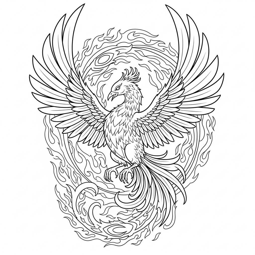Desenho de Fênix e Fogo para Colorir