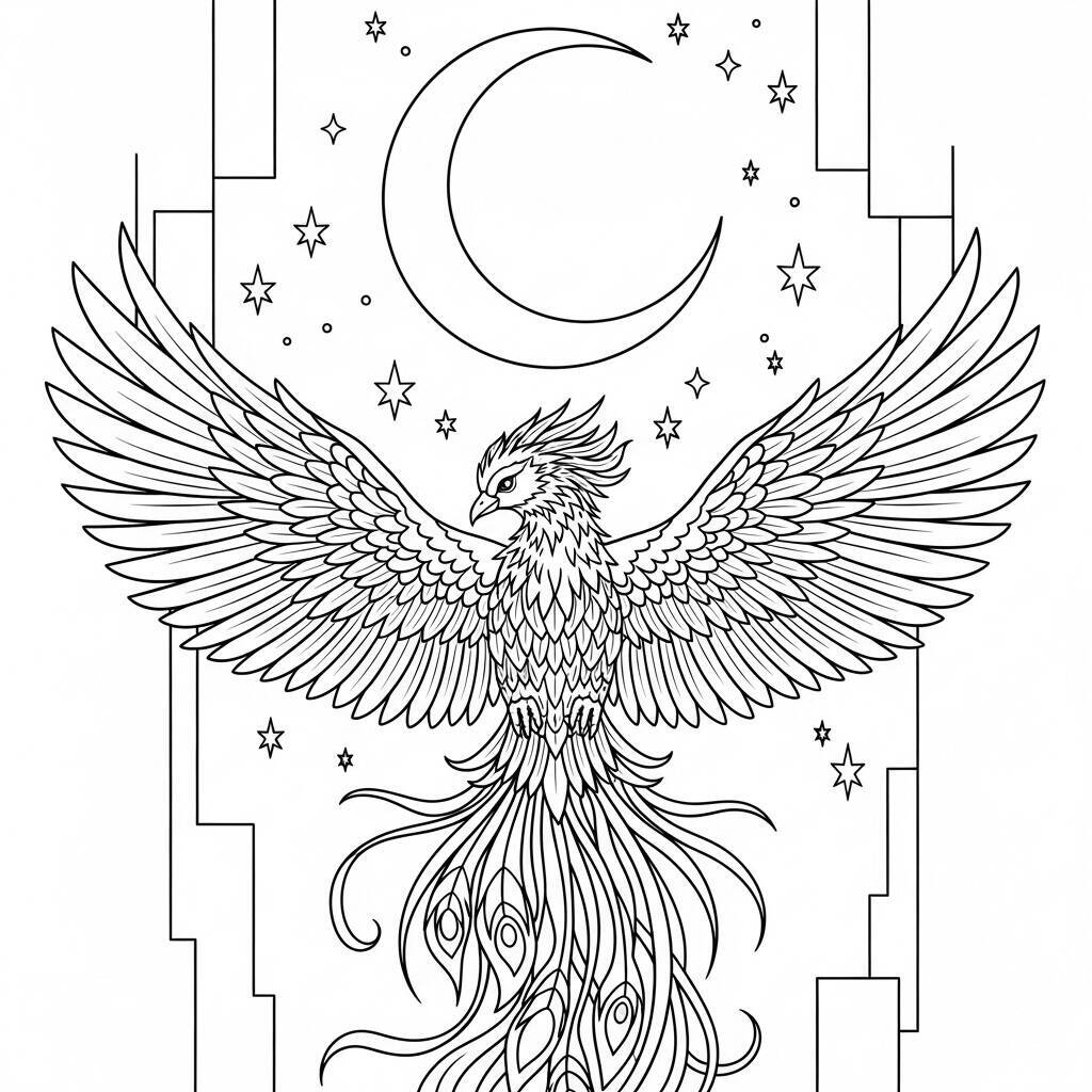 Desenho de Fênix e Lua para Colorir