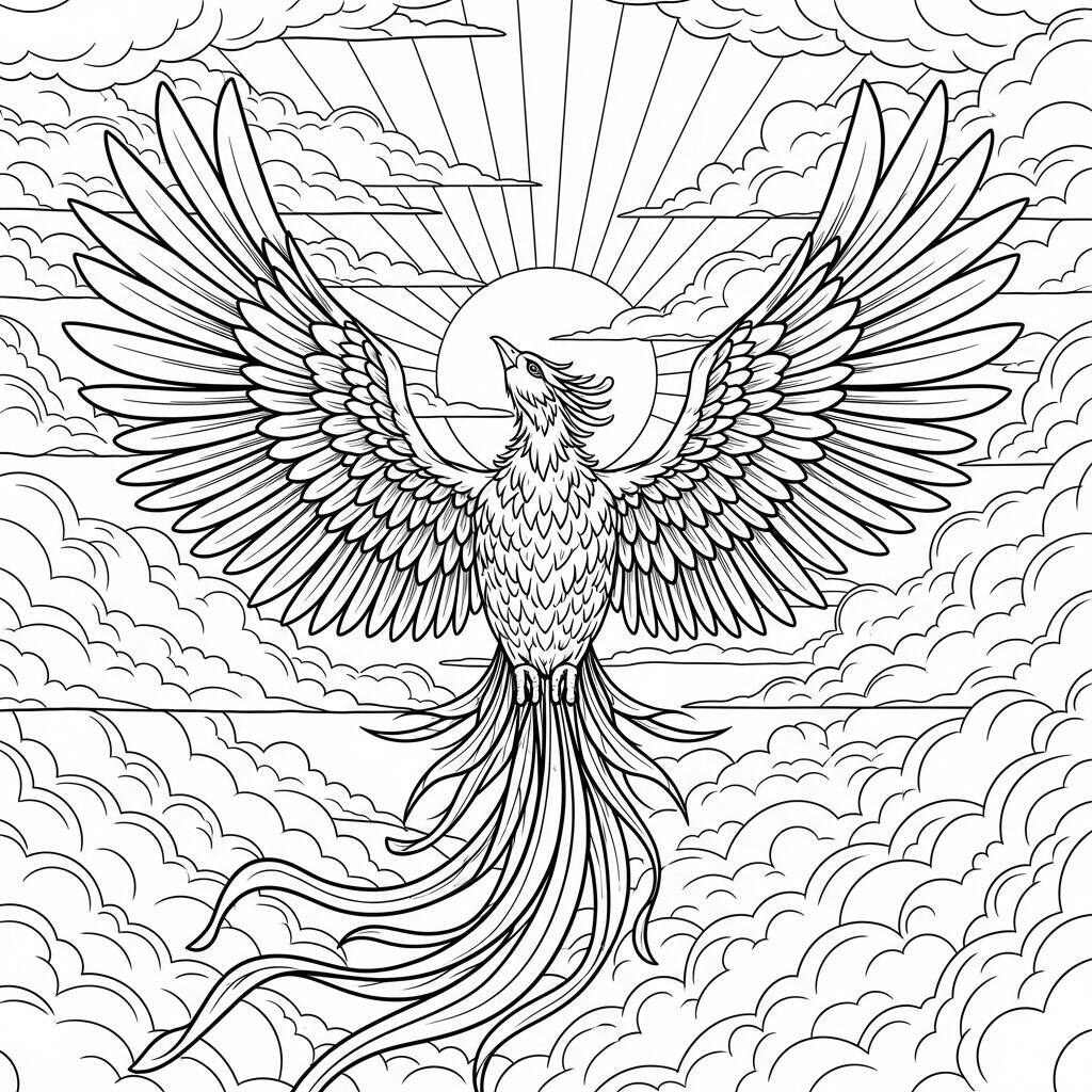 Desenho de Fênix e Nuvens para Colorir