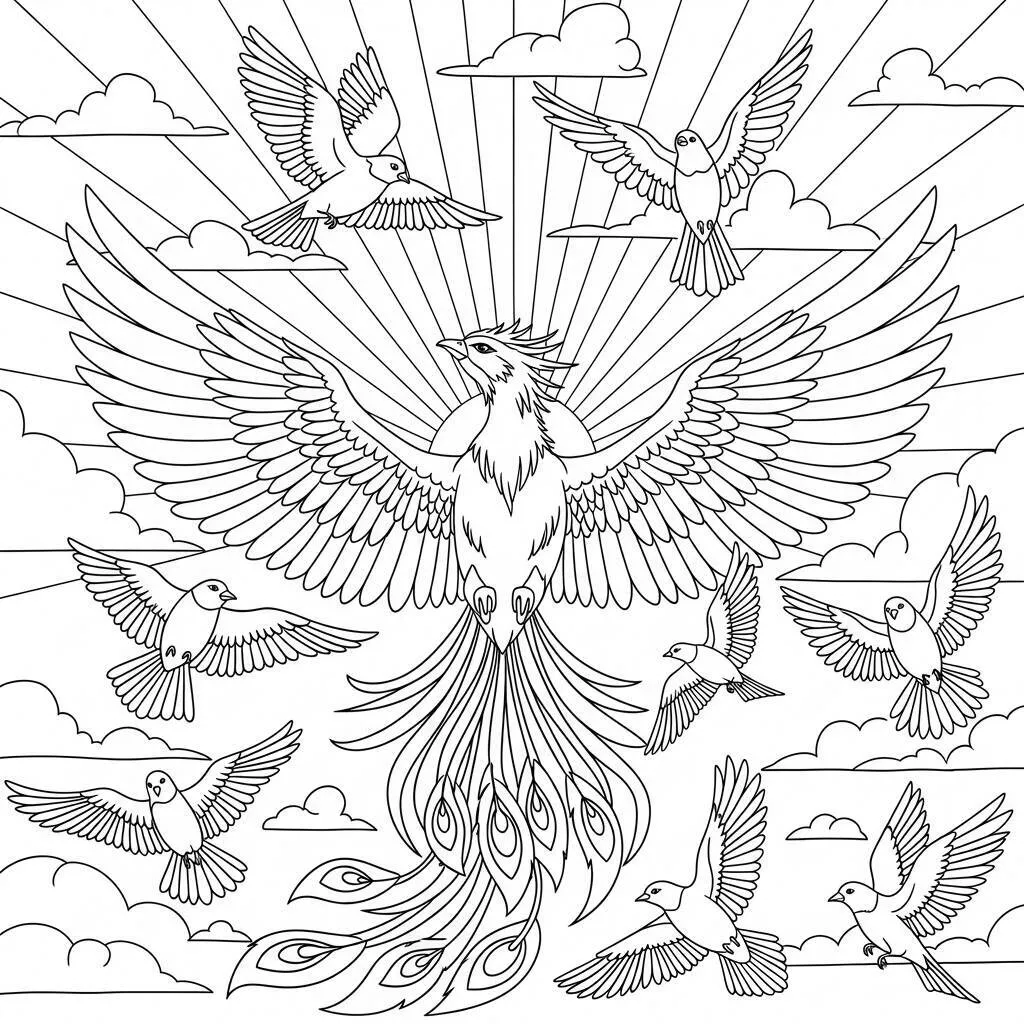 Desenho de Fênix e Pássaros para Colorir