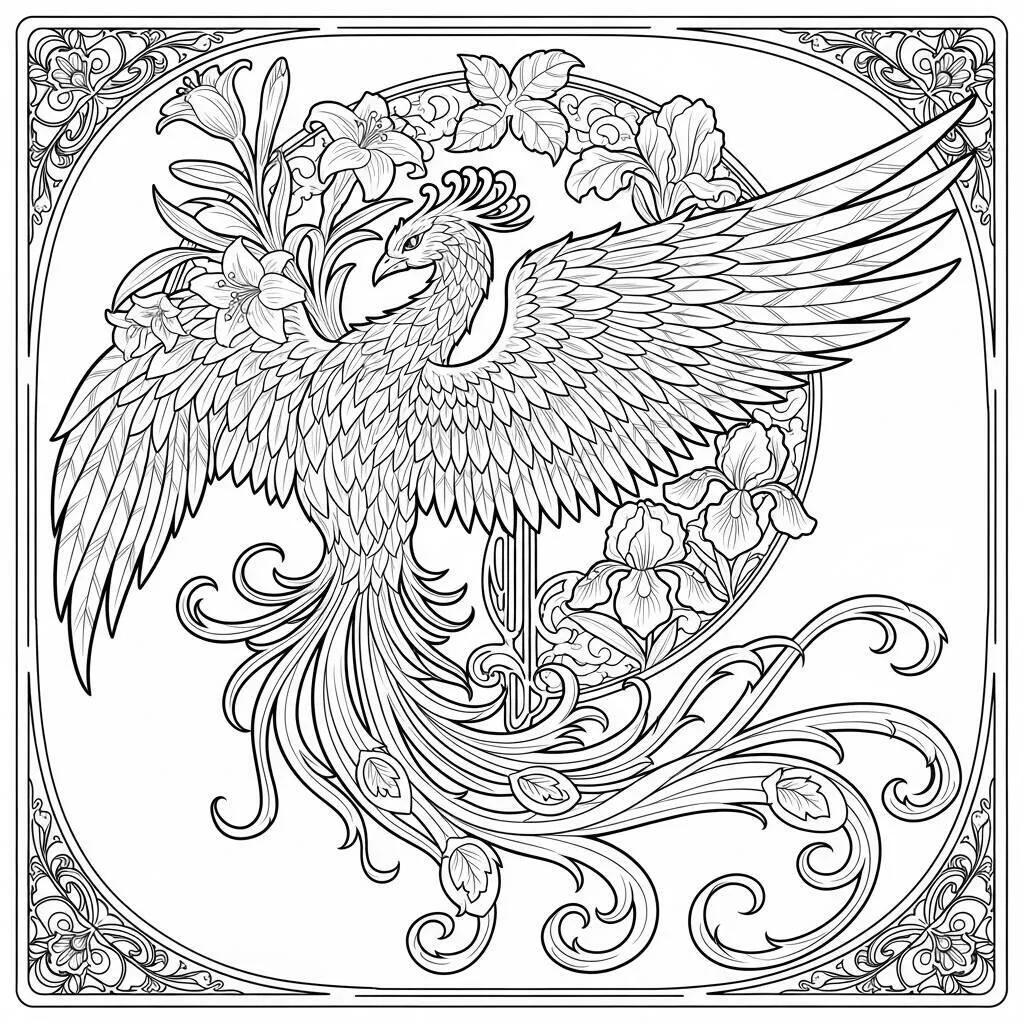 Desenho de Fênix em Estilo Art Nouveau para Colorir