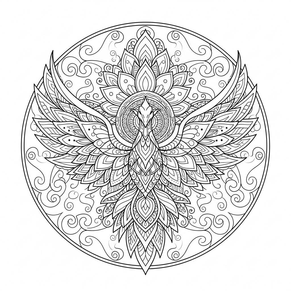 Desenho de Fênix em Estilo Mandala para Colorir