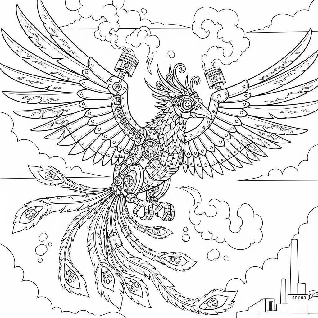 Desenho de Fênix em Estilo Steampunk para Colorir