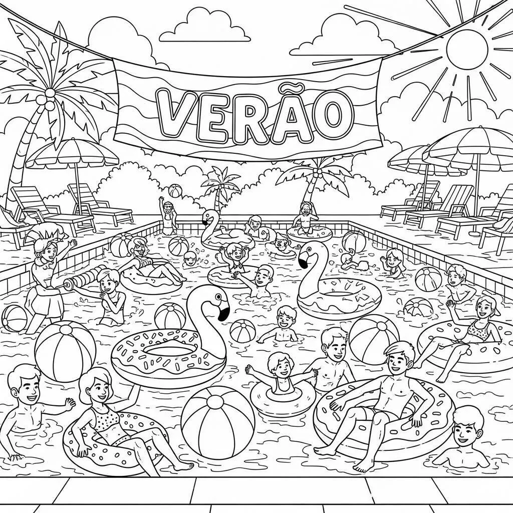 Desenho-de-Festa-na-Piscina-para-Colorir Desenho de Festa na Piscina para Colorir
